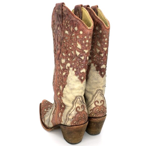 Corral A2665 Cognac Leather Lace Look Overlay Cowgirl Western Boots Snip Toe 7M - Picture 4 of 10
